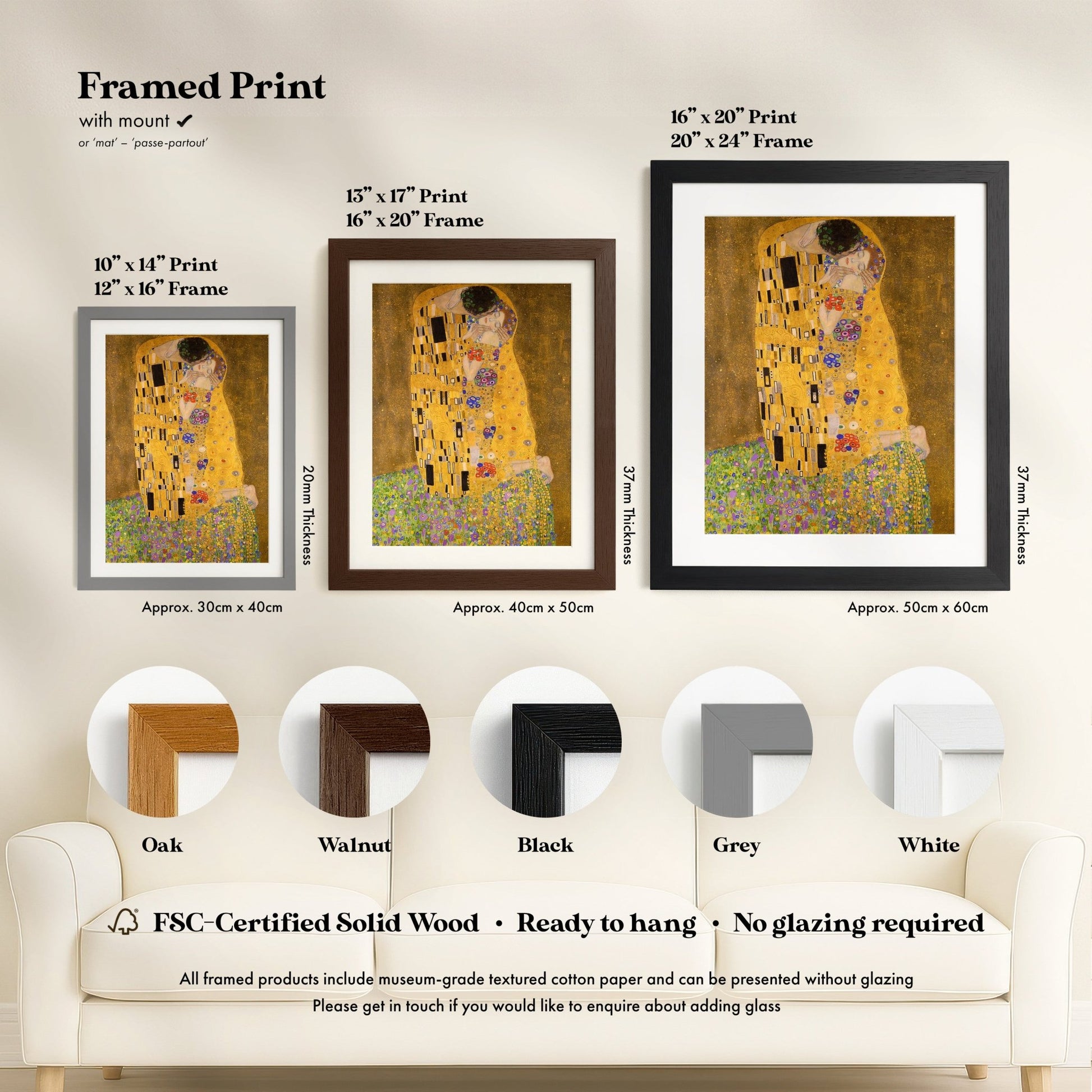 three framed prints of the famous painting "The Kiss" by Gustav Klimt, each with a different frame color and size.