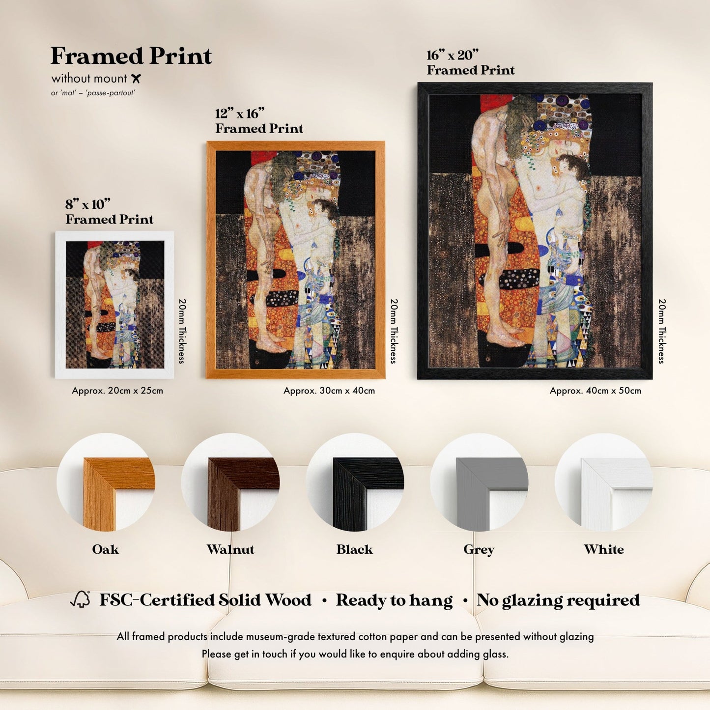 The image is a framed print advertisement for artwork, showcasing different sizes and frames for the artwork.