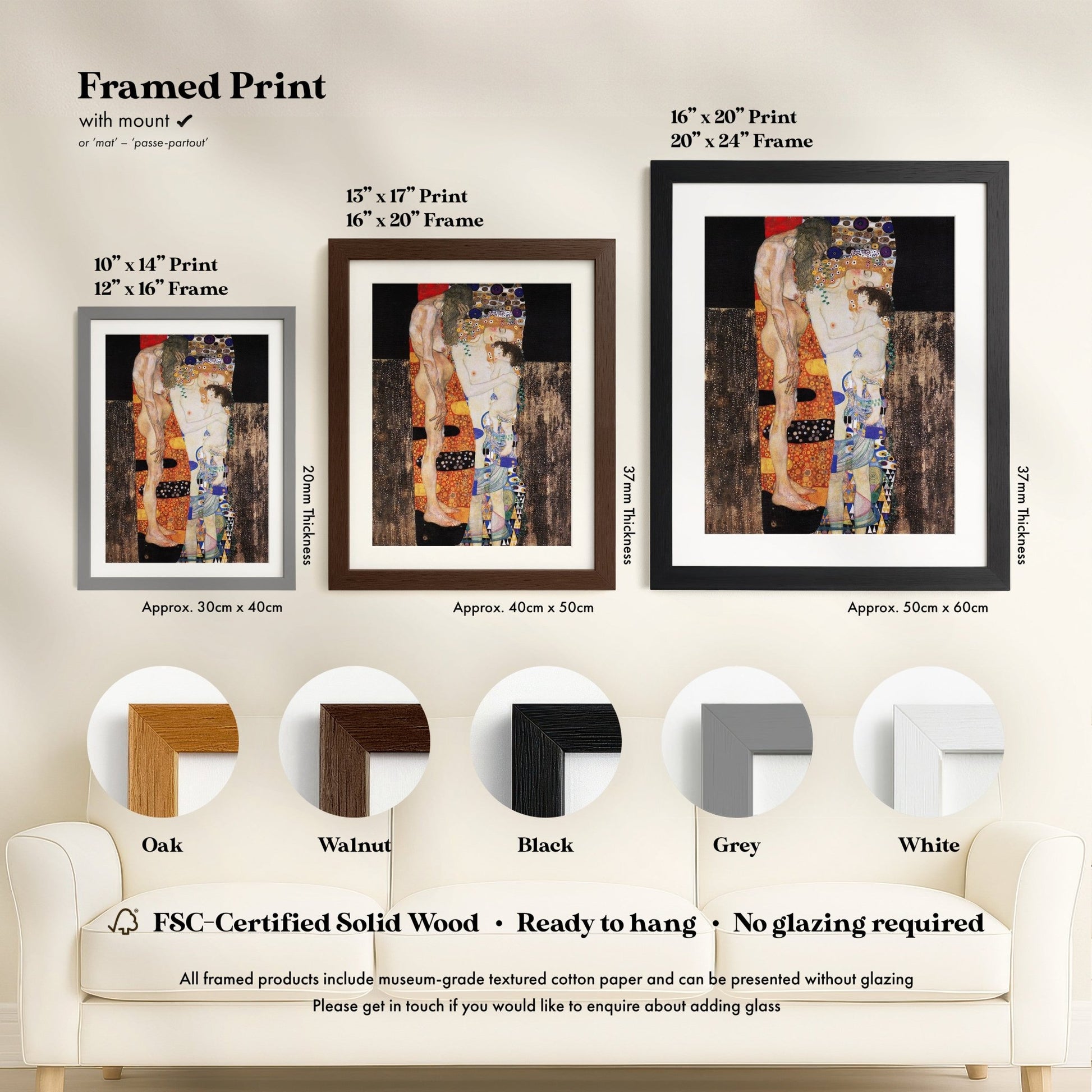 three framed prints of the same artwork, each with a different frame size and color, arranged on a wall.