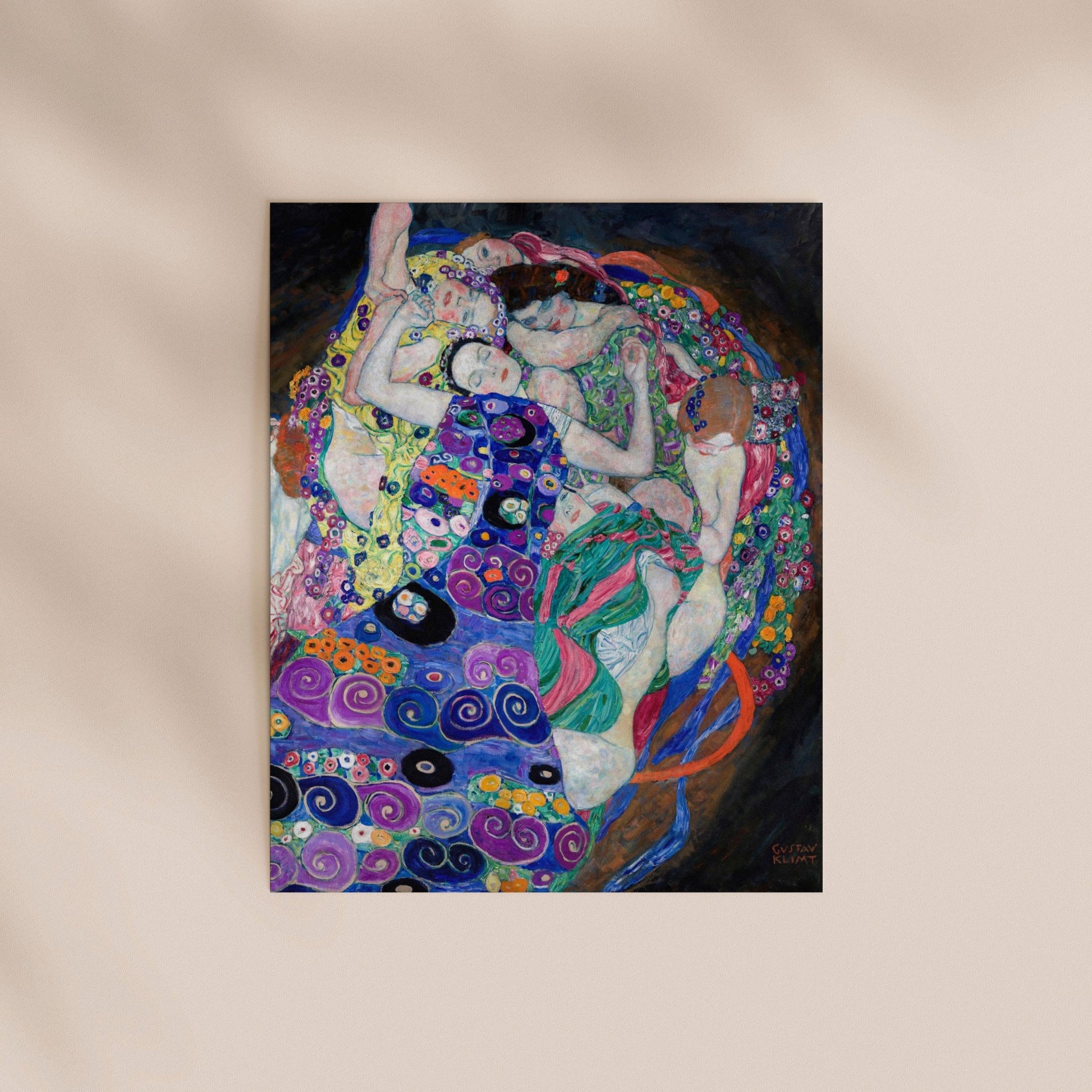 The image is a painting depicting a group of people in a colorful, abstract composition.