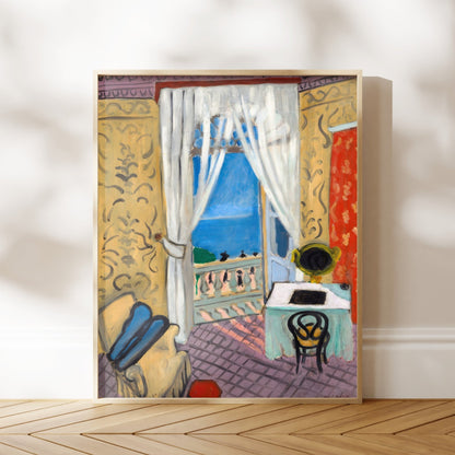 The image is a framed painting depicting a colorful and vibrant interior scene with a view of the outdoors through a window.