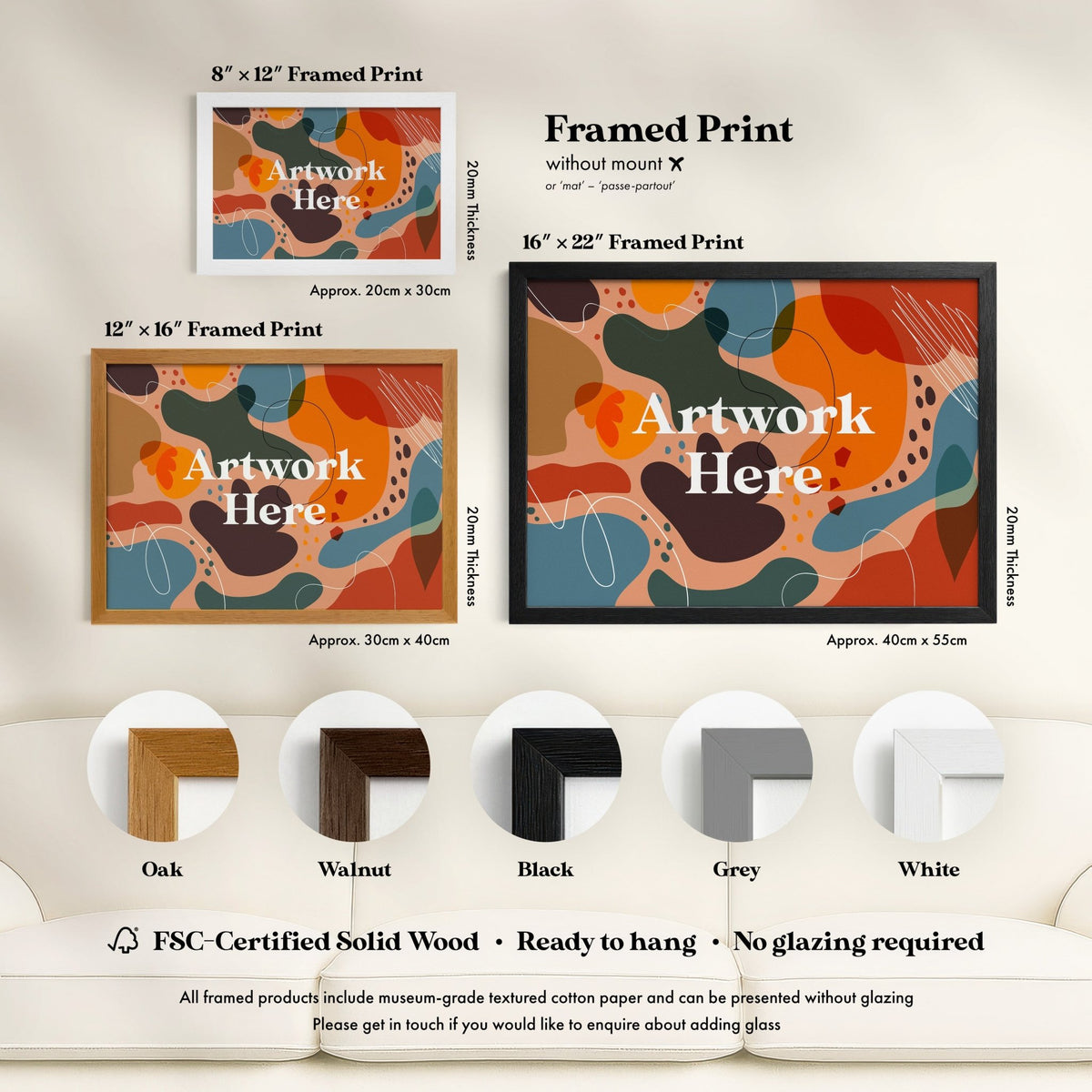 The image is a framed print advertisement for artwork, showcasing different frame styles and sizes. It includes a variety of options such as a 16" x 22" framed print, a 12" x 16" framed print, and a 16" x 24" framed print. The advertisement also provides information about the materials used, such as FSC-Certified Solid Wood, and emphasizes that all framed products are ready to hang without glazing.