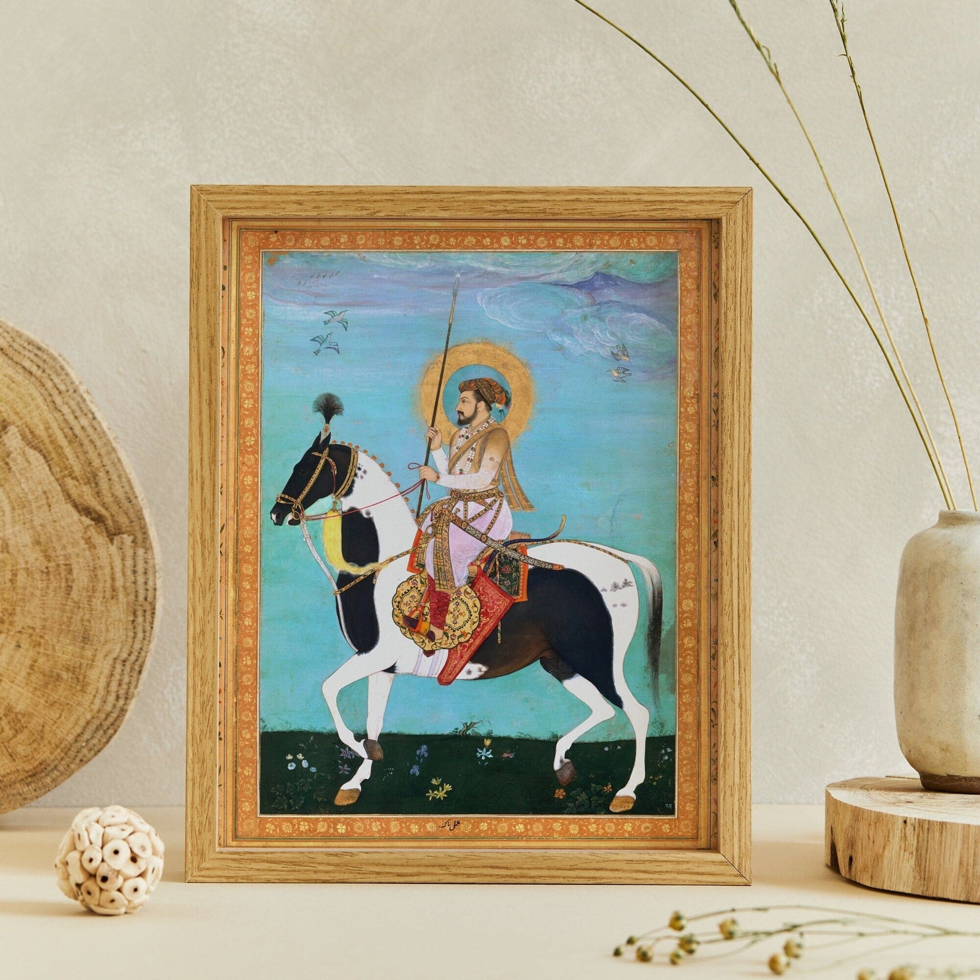 Shah Jahan on Horseback (Traditional Indian Miniature Art) - Pathos Studio - Art Prints