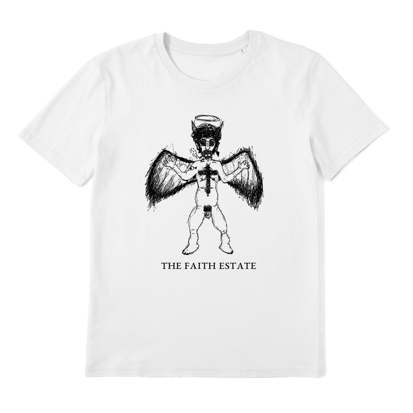 A white t-shirt with a black and white illustration of a winged figure with a cross on its head, accompanied by the text "THE FAITH ESTATE" below the image.