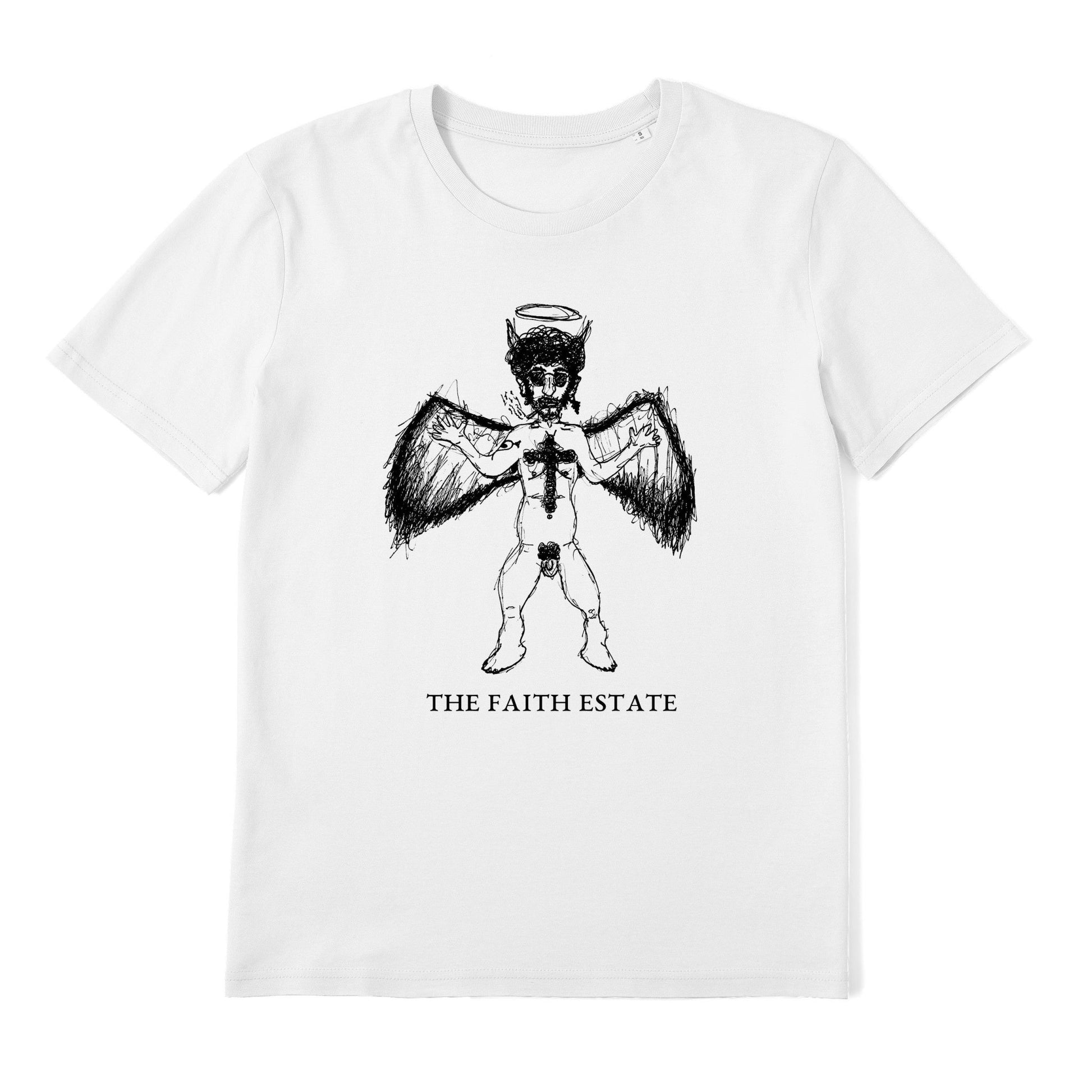 A white t-shirt with a black and white illustration of a winged figure with a cross on its head, accompanied by the text "THE FAITH ESTATE" below the image.
