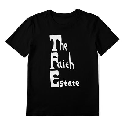 A black t-shirt with white text printed on it.