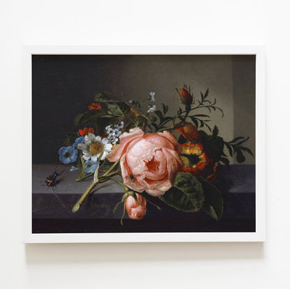 RACHEL RUYSCH - Still Life With A Rose Branch, Beetle And Bee