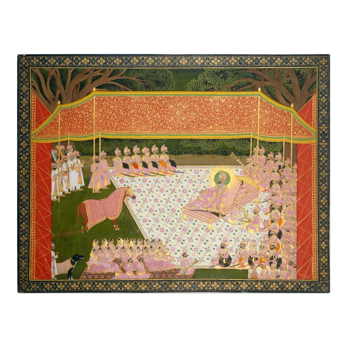 Maharana Sarup Singh inspiziert einen preisgekrönten Hengst (traditionelle indische Miniaturmalerei)
