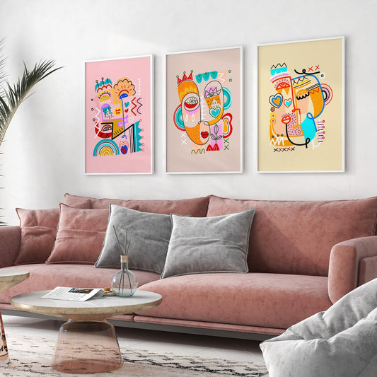 Set of 3 Colourful Abstract Face Prints - Pathos Studio - Art Print Sets