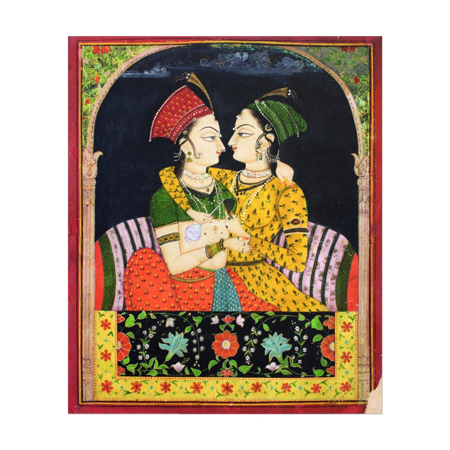 Two Ladies Embracing at a Jharoka (Traditional Indian / Hindu Painting)