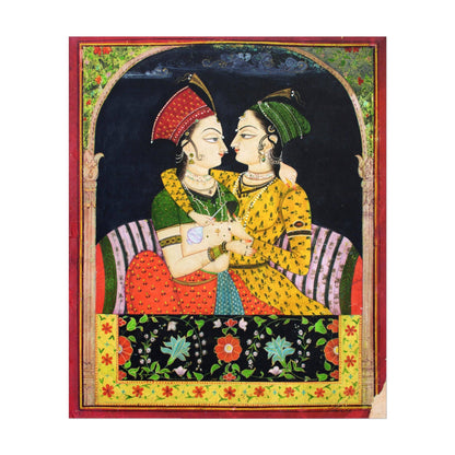 Deux dames s'embrassant à un Jharoka (peinture traditionnelle indienne / hindoue)